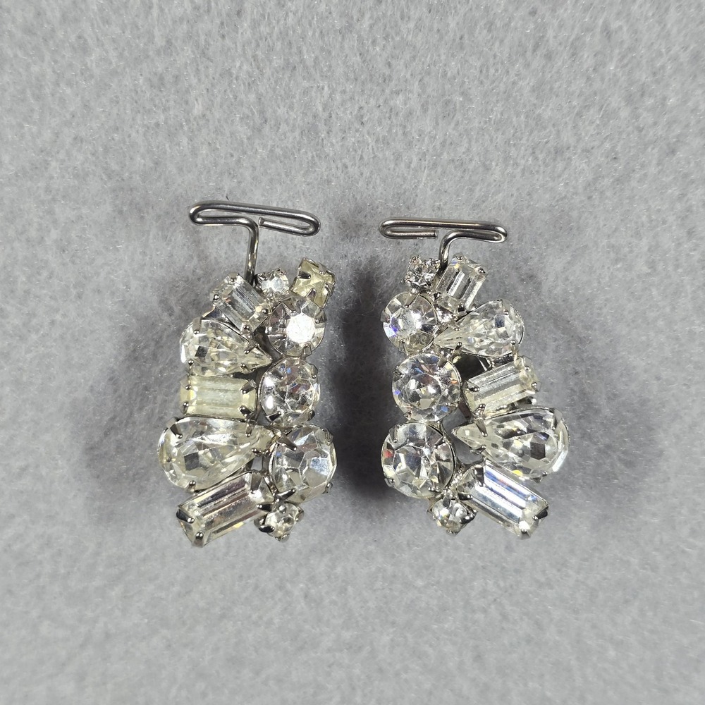 Vintage Weiss Rhinestone Cluster Earrings Clip On Signed Crystal Statement Jewel